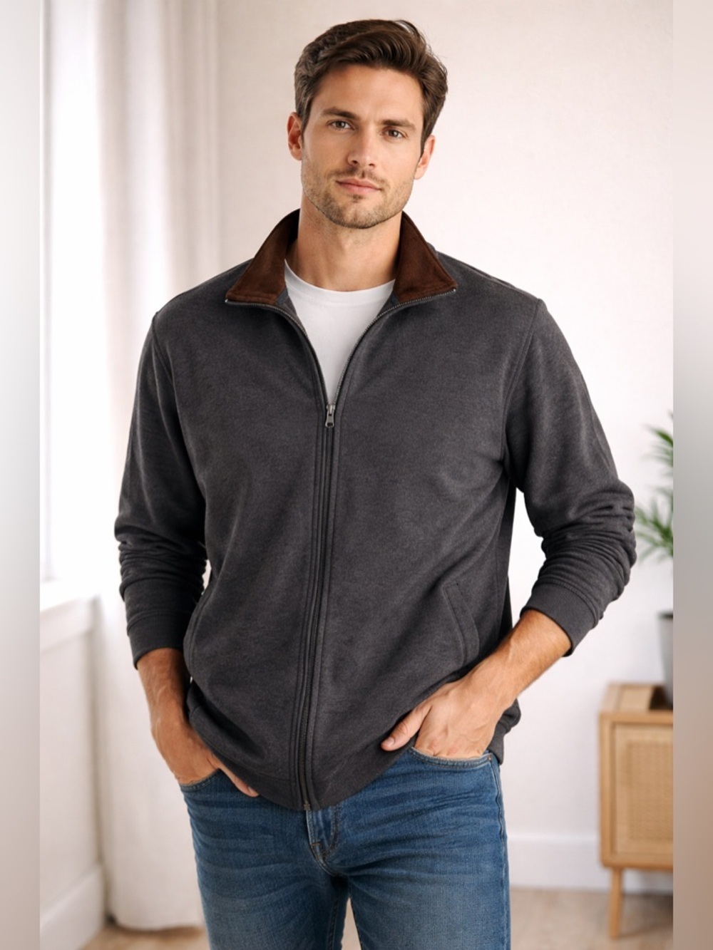 Cremieux Full Zip Jacket Suede Collar Gray Men’s Small Lightweight